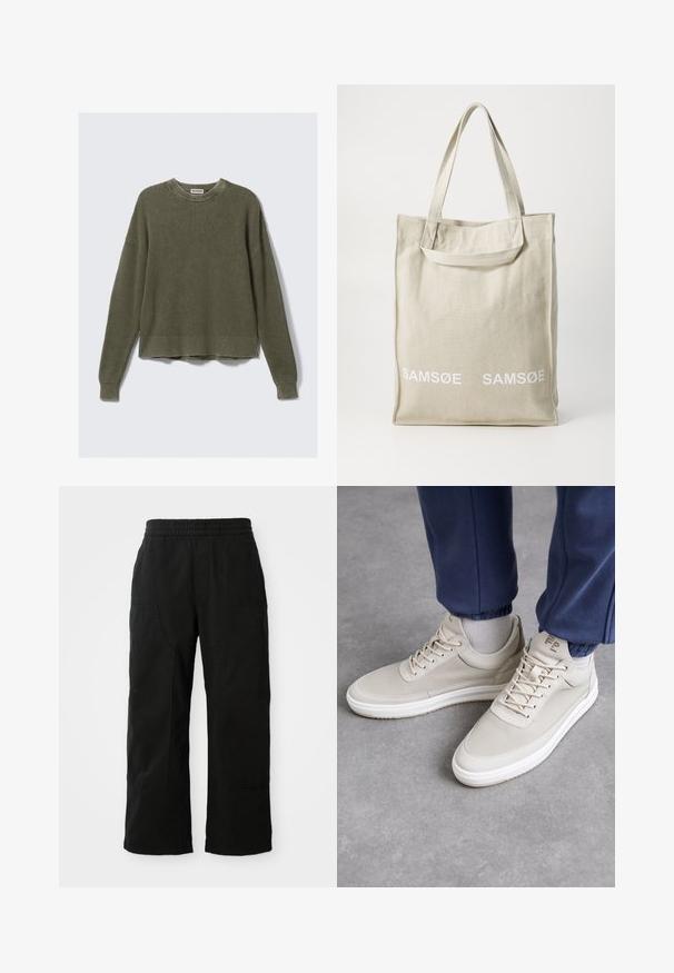 Pull en maille vert olive avec un col ras du cou côtelé, des épaules tombantes, des manches longues et un ourlet cropped. Tissu texturé avec des motifs visibles.; Chemise à carreaux beige et blanche avec des accents bleu clair. Manches longues, fermeture à boutons sur le devant et une poche poitrine. En matériau 100 % coton.; Pantalons en coton noir avec une taille élastique, un design à jambes larges et de grandes poches latérales. Le tissu semble doux avec une texture lisse.; Baskets beiges en matériau texturé, à bout rond, avec des lacets et un design minimaliste. Semelle blanche avec des détails beige clair. Porté avec un jogging bleu marine.; Sac fourre-tout en toile beige clair avec double poignée, arborant le logo "SAMSOE" imprimé en blanc à l'avant. Forme rectangulaire avec un design simple.