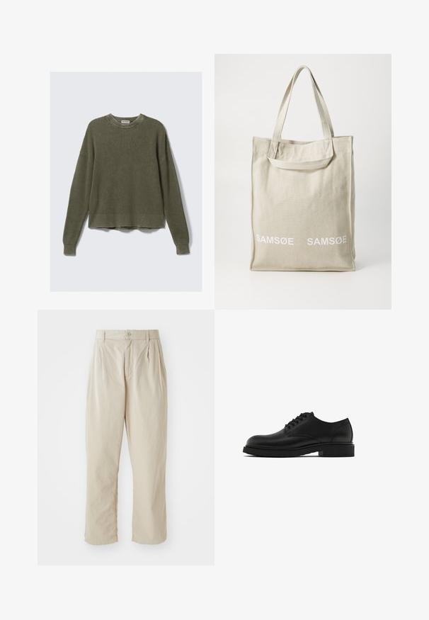 Olivově zelený pletený svetr s žebrovaným kulatým výstřihem, spuštěnými rameny, dlouhými rukávy a zkráceným spodním lemem. Texturovaná látka s viditelnými vzory.; Košile v béžové a bílé kostkované vzoru s světle modrými akcenty. Dlouhé rukávy, zapínání na knoflíky vpředu a jedna náprsní kapsa. Bavlněný materiál.; Béžové, lehké kalhoty s volným střihem, s nařasenými sklady v přední části, knoflíkovým zapínáním a manžetami. Hladká textura, minimalistický design.; Černé kožené společenské boty s texturovaným povrchem, kulatou špičkou, pěti otvory na tkaničky a pevnou černou podrážkou. Jednoduchý, rovný design.; Plátěná taška v světlé béžové barvě s dvojitými rukojeťmi, na přední straně s bílým potiskem loga "SAMSOE". Obdélníkový tvar s jednoduchým designem.