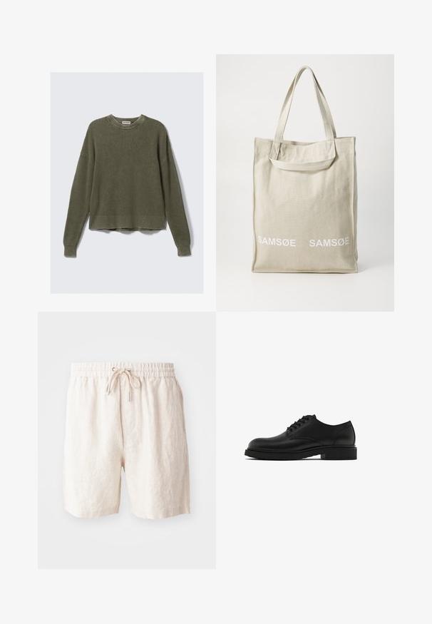 Olijfgroen gebreid sweater met een geribde ronde halslijn, drop shoulders, lange mouwen en een verkorte zoom. Getextureerde stof met zichtbare patronen.; Lichtbeige en witte geruite overhemden met lichtblauwe accenten. Lange mouwen, knoopsluiting aan de voorkant en een borstzak. Gemaakt van katoen.; Beige linnen shorts met een elastische tailleband, verstelbaar koord en zijzakken. Zachte textuur met een relaxte pasvorm.; Zwarte leren nette schoen met een textuur, ronde neus, vijf oogjes voor veters en een stevige zwarte zool. Eenvoudig, recht design.; Canvas tote bag in lichtbeige met dubbele handvatten, voorzien van het "SAMSOE" logo in het wit gedrukt op de voorkant. Rechthoekige vorm met een eenvoudig ontwerp.