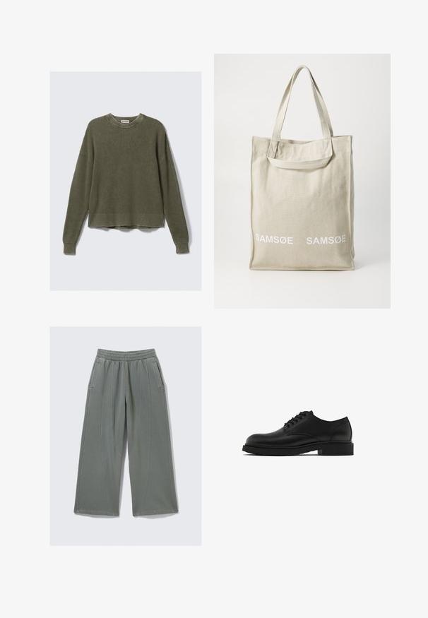 Olive green knitted sweater with a ribbed crew neckline, drop shoulders, long sleeves, and a cropped hem. Textured fabric with visible patterns.; Check shirt in beige and white plaid pattern with light blue accents. Long sleeves, button-down front, and single chest pocket. Cotton material.; Light gray wide-leg pants made of soft fabric, featuring an elastic waistband and two side pockets, with visible stitching details.; Black leather dress shoe with a textured finish, round toe, five eyelets for laces, and a sturdy black sole. Simple, straight design.; Canvas tote bag in light beige with dual handles, featuring "SAMSOE" logo in white printed on the front. Rectangular shape with simple design.