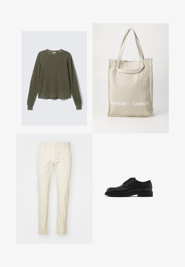 Olivově zelený pletený svetr s žebrovaným kulatým výstřihem, spuštěnými rameny, dlouhými rukávy a zkráceným spodním lemem. Texturovaná látka s viditelnými vzory.; Košile v béžové a bílé kostkované vzoru s světle modrými akcenty. Dlouhé rukávy, zapínání na knoflíky vpředu a jedna náprsní kapsa. Bavlněný materiál.; Béžové bavlněné kalhoty se střihem rovného nohavice, předním zipem a plochými kapsami. Texturovaná tkanina s hladkým povrchem.; Černé kožené společenské boty s texturovaným povrchem, kulatou špičkou, pěti otvory na tkaničky a pevnou černou podrážkou. Jednoduchý, rovný design.; Plátěná taška v světlé béžové barvě s dvojitými rukojeťmi, na přední straně s bílým potiskem loga "SAMSOE". Obdélníkový tvar s jednoduchým designem.