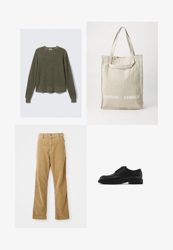 Olivově zelený pletený svetr s žebrovaným kulatým výstřihem, spuštěnými rameny, dlouhými rukávy a zkráceným spodním lemem. Texturovaná látka s viditelnými vzory.; Košile v béžové a bílé kostkované vzoru s světle modrými akcenty. Dlouhé rukávy, zapínání na knoflíky vpředu a jedna náprsní kapsa. Bavlněný materiál.; Hnědé kordové kalhoty s předními kapsami, poutky na opasek, zapínáním na knoflík a rovnými nohavicemi položené na bílé ploše.; Černé kožené společenské boty s texturovaným povrchem, kulatou špičkou, pěti otvory na tkaničky a pevnou černou podrážkou. Jednoduchý, rovný design.; Plátěná taška v světlé béžové barvě s dvojitými rukojeťmi, na přední straně s bílým potiskem loga "SAMSOE". Obdélníkový tvar s jednoduchým designem.