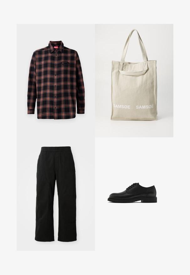 Olivgrüner gestrickter Pullover mit geripptem Rundhalsausschnitt, überschnittenen Schultern, langen Ärmeln und croped Hemd. Strukturiertes Gewebe mit sichtbaren Mustern.; Schwarz-rote Karobluse mit durchgehender Knopfleiste, langen Ärmeln und einem Etikett am Kragen. Mit Kontrastnähten und einer aufgesetzten Tasche.; Schwarze Baumwollhosen mit einem elastischen Bund, weitem Beinansatz und großen Seitentaschen. Der Stoff wirkt weich mit einer glatten Textur.; Schwarze Lederschuhe mit strukturiertem Finish, runder Spitze, fünf Ösen für Schnürsenkel und einer stabilen schwarzen Sohle. Einfaches, gerades Design.; Leichte, beigefarbene Canvas-Tasche mit doppelten Griffen, die auf der Vorderseite das in Weiß gedruckte "SAMSOE"-Logo trägt. Rechteckige Form mit simplem Design.