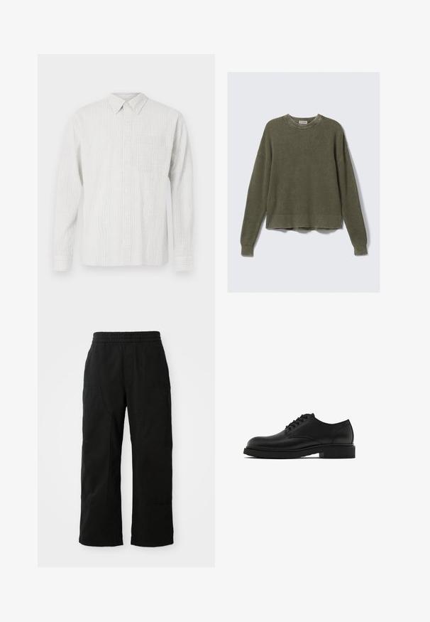 Olivengrøn strikket sweater med ribbet rund hals, drop shoulders, lange ærmer og kortet kant. Teksturert stof med synlige mønstre.; Langærmet button-up skjorte i lysegrå med et struktureret ternet mønster, en frontlomme og en klassisk krave. Lavet af vævet stof.; Sorte bomuldsbukser med elastisk talje, vid bendesign og store sidelommer. Stoffet virker blødt med en glat tekstur.; Sorte læderherresko med tekstureret finish, rund tå, fem snørrehuller og en robust sort sål. Enkel, lige design.