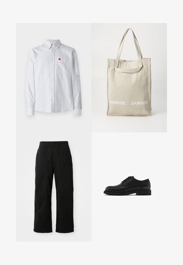 Sweter w oliwkowym kolorze z dzianiny, z prążkowanym okrągłym dekoltem, opuszczonymi ramionami, długimi rękawami i skróconym hemem. Teksturowana tkanina z widocznymi wzorami.; Koszula zapinana na guziki w jasnoszarym kolorze z białymi pionowymi paskami, z kieszonką na piersi i małą, czerwoną naszywką z logo po lewej stronie.; Czarne bawełniane spodnie z elastycznym pasem, szeroką nogawką i dużymi bocznymi kieszeniami. Tkanina wydaje się miękka o gładkiej fakturze.; Czarne skórzane buty wizytowe z teksturowanym wykończeniem, okrągłym noskiem, pięcioma otworami na sznurówki oraz solidną czarną podeszwą. Prosty, klasyczny styl.; Torba płócienna w jasnym beżu z podwójnymi uchwytami, z białym logo "SAMSOE" drukowanym z przodu. Prostopadłościenny kształt o prostym wzornictwie.