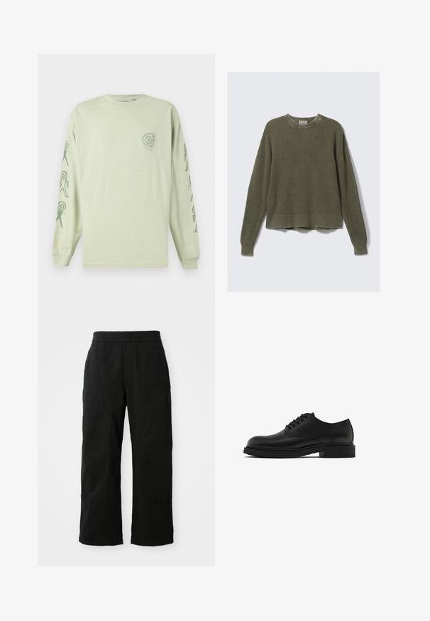 Sweter w oliwkowym kolorze z dzianiny, z prążkowanym okrągłym dekoltem, opuszczonymi ramionami, długimi rękawami i skróconym hemem. Teksturowana tkanina z widocznymi wzorami.; Jasnozielona bawełniana koszulka z długim rękawem, z małym logo na klatce piersiowej oraz abstrakcyjnymi wzorami w ciemnozielonym kolorze na rękawach.; Czarne bawełniane spodnie z elastycznym pasem, szeroką nogawką i dużymi bocznymi kieszeniami. Tkanina wydaje się miękka o gładkiej fakturze.; Czarne skórzane buty wizytowe z teksturowanym wykończeniem, okrągłym noskiem, pięcioma otworami na sznurówki oraz solidną czarną podeszwą. Prosty, klasyczny styl.