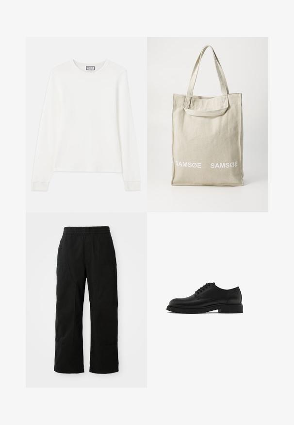 Olive green knitted sweater with a ribbed crew neckline, drop shoulders, long sleeves, and a cropped hem. Textured fabric with visible patterns.; White long-sleeve ribbed knit top with a crew neckline and fitted cuffs. Features a tag reading "PAUL & JOE" at the collar.; Check shirt in beige and white plaid pattern with light blue accents. Long sleeves, button-down front, and single chest pocket. Cotton material.; Black cotton pants with an elastic waistband, wide leg design, and large side pockets. Fabric appears soft with a smooth texture.; Black leather dress shoe with a textured finish, round toe, five eyelets for laces, and a sturdy black sole. Simple, straight design.; Canvas tote bag in light beige with dual handles, featuring "SAMSOE" logo in white printed on the front. Rectangular shape with simple design.