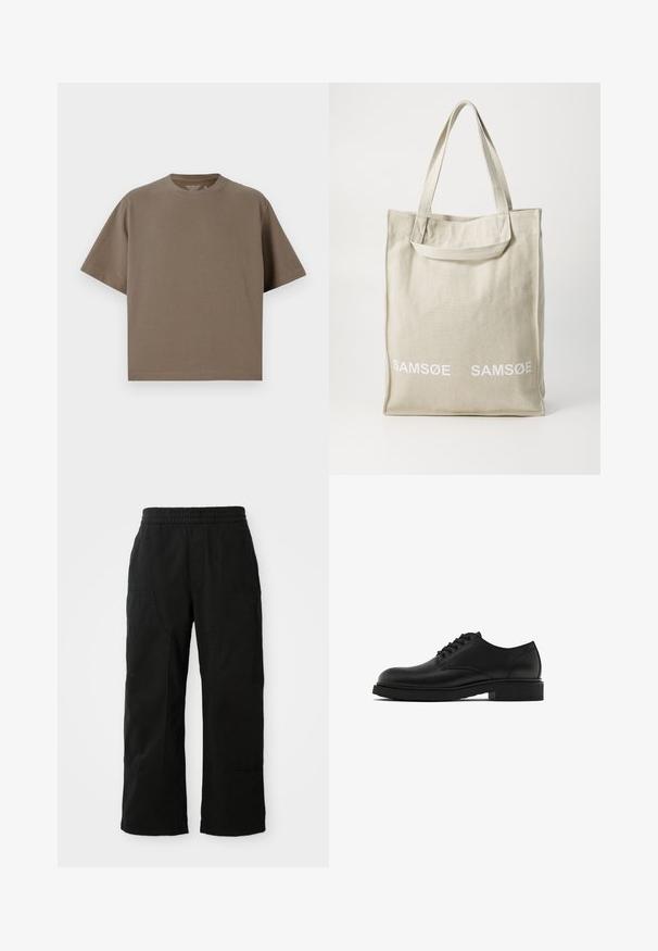Sweter w oliwkowym kolorze z dzianiny, z prążkowanym okrągłym dekoltem, opuszczonymi ramionami, długimi rękawami i skróconym hemem. Teksturowana tkanina z widocznymi wzorami.; Brązowa, krótko rękawowa koszulka uszyta z miękkiego materiału, z okrągłym dekoltem. Charakteryzuje się luźnym krojem i prostymi detalami u dołu.; Czarne bawełniane spodnie z elastycznym pasem, szeroką nogawką i dużymi bocznymi kieszeniami. Tkanina wydaje się miękka o gładkiej fakturze.; Czarne skórzane buty wizytowe z teksturowanym wykończeniem, okrągłym noskiem, pięcioma otworami na sznurówki oraz solidną czarną podeszwą. Prosty, klasyczny styl.; Torba płócienna w jasnym beżu z podwójnymi uchwytami, z białym logo "SAMSOE" drukowanym z przodu. Prostopadłościenny kształt o prostym wzornictwie.