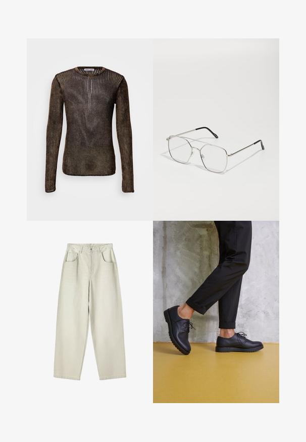 Barna hosszú ujjú pulóver bordázott textúrával, kerek nyakkivágással és testhez simuló szabással. Az anyag enyhén fényes.; Beige magas derekú, egyenes szárú farmernadrág, elülső gombbal, cipzárral, két elülső zsebbel és övhurkokkal, fehér háttéren fektetve.; Fekete bőr cipők fűzővel, kerek orral és texturált gumitalppal. Rövidített fekete nadrággal viselve, beton háttér előtt.; Ezüst fém szemüveg, geometrikus nyolcszögletű formával, tiszta lencsékkel és fekete végű karokkal. Minimalista dizájn, vékony keretekkel.
