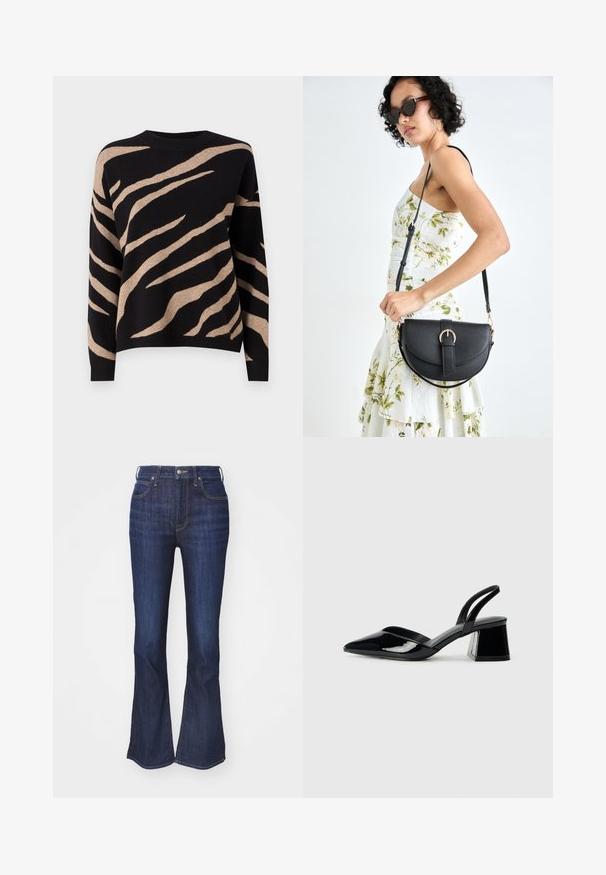 Zwarte trui met een beige tijgerprintpatroon, voorzien van een ronde hals, lange mouwen en een zachte textuur. De randen zijn met ribbelafwerking.; Jeans in donker denim met een flared leg ontwerp, voorzien van een knoop- en ritssluiting aan de voorkant, en een vijf-pocket stijl met contrasterende stiksels.; Zwarte gepatineerde leren slingback hakken met een spitse neus en een geometrische blokhak. Kenmerkt zich door een slank, minimalistisch ontwerp en een gladde textuur.; Zwarte leren handtas met een gebogen vorm, afneembare schouderband en gouden hardware. De tas heeft een klep met een gespsluiting.