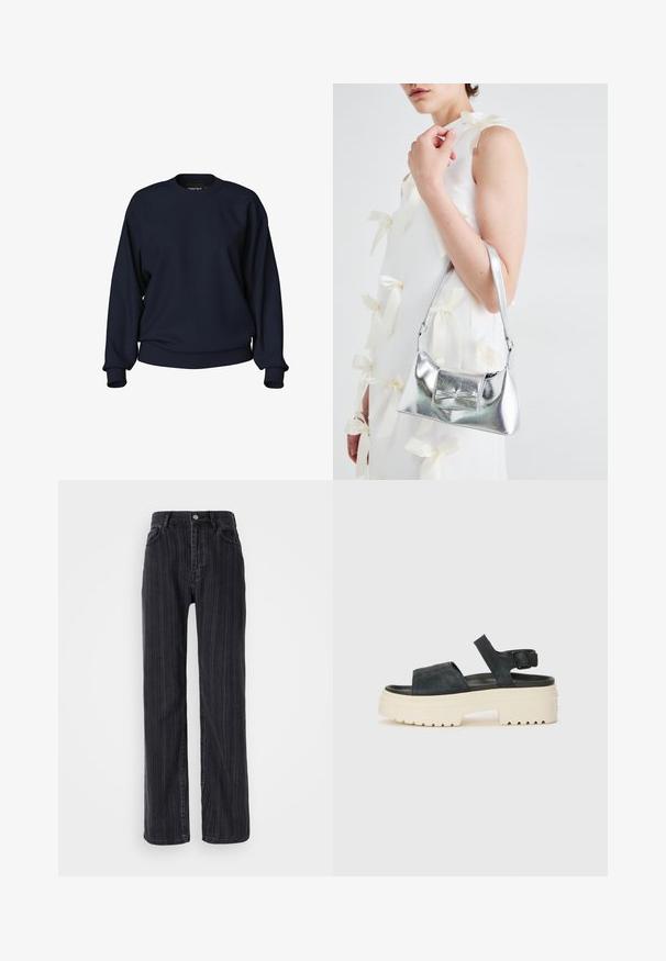 Tumedat sinine kapuutsita sviiter, lühi- ja pikkade varrukatega, ribanud randmed ja vöökoht. Sujuv tekstuur, ilma nähtavate mustriteta või metalldetailideta.; Kõrge vöökohaga mustad teksapüksid, millel on vertikaalne triipude muster, sirge lõikega disain ja ees metalne nööp.; Mustad musta sametist platvormsandaalid, millel on paks valge tald, lai esirihm ja reguleeritav pahkluu nööpe. Tekstureeritud tallad haardevad.; Hõbedane metallik käekott struktureeritud kujuga, millel on ülemine sang ja ettepoole suunatud paeladetail. Sile tekstuur, peegeldav viimistlus.