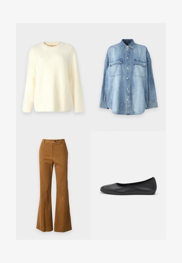 Krém színű bordázott kötött pulóver kerek nyakkal, hosszú ujjakkal és laza szabással. Puha tapintású, függőleges vonalakkal az anyagban.; Világoskék farmering hegyes gallérral, elülső gombolással és két mellzsebbel. Hosszú ujjakkal és laza szabással rendelkezik.; Barna, harisnyás anyagból készült, bővülő nadrág, gombos záródással és letisztult derékpánttal.; Fekete bőr balettcipő lekerekített orral, sima tekstúrával, minimális varrással és rugalmas talp kialakítással.