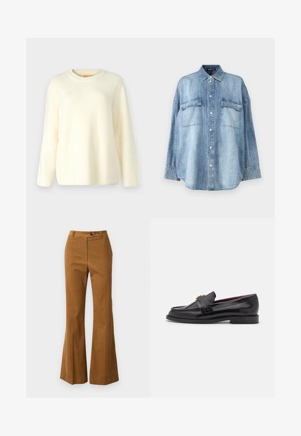 Kreemik ribakattetud kootud sviiter ümmarguse kaelusega, pikkade varrukatega ja lõdva lõikega. Pehme tekstuur, millel on horisontaalsed jooned üle kogu pinna.; Hele sinine teksasärk, millel on terav krae, esimesed nööbid ja kaks rinna-taskut. Omab pikki varrukaid ja lõdva istuvust.; Pruunid flare-püksid, mis on valmistatud tekstuuriga kangast, sisaldavad nööpmaanust ja puhta vöökoha disaini.; Mustad nahast loafers, millel on õmblustega muster, sile tekstuur, kuldne klamberdetail ja ümar varvas, paigutatud madalale mustale tallale.