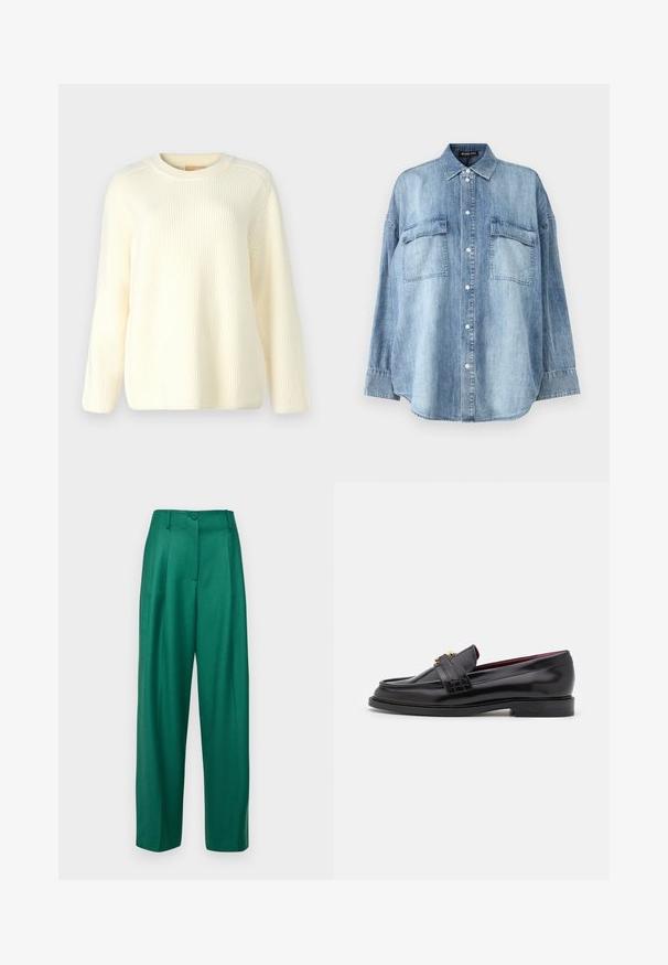 Cream ribbed knit sweater with a round neck, long sleeves, and a relaxed fit. Soft texture with horizontal lines throughout.; Light blue denim shirt with a pointed collar, front buttons, and two chest pockets. Features long sleeves and a relaxed fit.; Green tailored trousers with a high waist, wide legs, single button closure, and smooth texture, featuring front pleats and no pockets.; Black leather loafers with a stitched pattern, smooth texture, gold buckle detail, and a rounded toe, set on a low black sole.