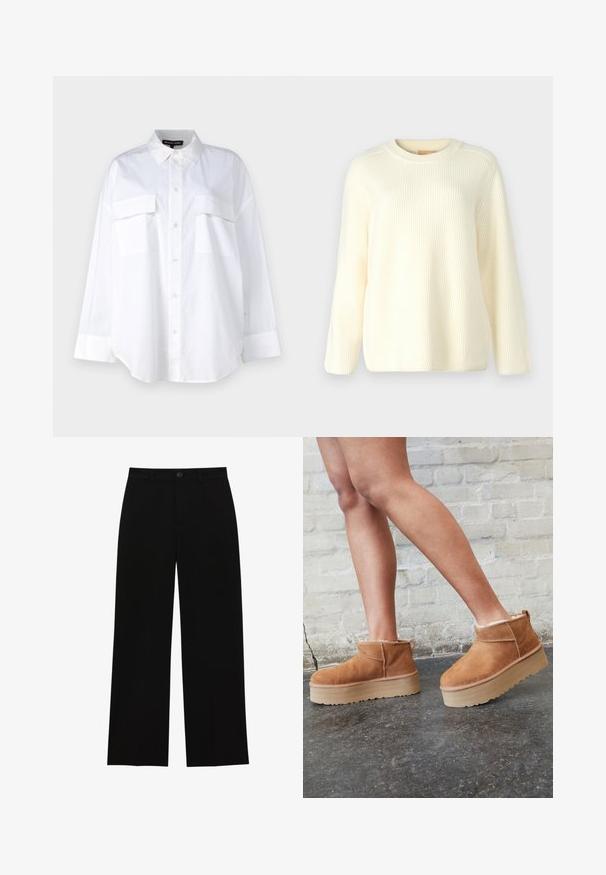 Maglione a coste color crema con colletto rotondo, maniche lunghe e vestibilità rilassata. Texture morbida con linee orizzontali in tutto il capo.; Camicia bianca in cotone, con colletto classico, due tasche sul petto e maniche lunghe con polsini. Tessuto liscio.; Pantaloni neri a vita alta, a gamba larga, realizzati in un tessuto morbido, con davanti piatto, chiusura con bottone e senza tasche visibili.; Stivali alla caviglia in suede marrone con una fodera morbida, suola platform spessa beige e un'asola posteriore. Superficie testurizzata con dettagli di cucitura ben visibili.