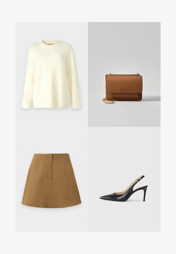 Pullover de malha canelada creme com gola redonda, mangas longas e um corte relaxado. Textura suave com linhas horizontais por toda a peça.; Saia castanha com uma silhueta em forma de A, feita de um tecido suave. Apresenta uma cintura simples e um detalhe de costura nas costas.; Saltos altos slingback em couro preto, com bico fino, tira ajustável e um elegante salto stiletto, apresentando um acabamento suave.; Bolsa crossbody de couro texturizado castanho com alça de corrente dourada e fecho com aba. A parte da frente apresenta detalhe do logótipo e um bolso sob a aba.
