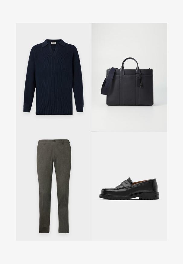 Navy ribbed sweater featuring a V-neck, short collar, and long sleeves. Made from soft material with a textured finish.; Slim-fit men's dark gray dress trousers with belt loops, front button, and subtle textured fabric.; Black leather loafers feature a raised seam, two decorative straps on the upper, and a thick textured sole for added grip.; Dark navy leather briefcase with dual top handles and a detachable strap. Features textured finish, vertical stitching, and logo detail.