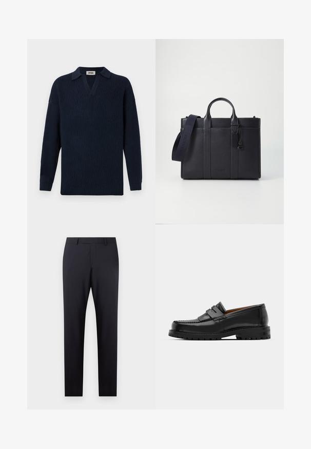 Suéter navy com relevo apresentando um decote em V, gola curta e mangas longas. Feito de material suave com um acabamento texturizado.; Calças sob medida em azul marinho escuro, com frente lisa, corte ajustado, bolsos laterais e uma textura suave; sem padrões ou adornos visíveis.; Os mocassins de couro preto apresentam uma costura elevada, duas tiras decorativas na parte superior e uma sola grossa e texturizada para maior aderência.; Pasta de couro azul-marinho escura com alças superiores duplas e uma alça destacável. Apresenta um acabamento texturizado, costura vertical e detalhe do logotipo.