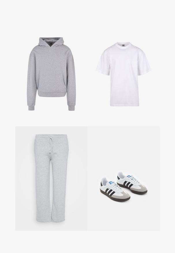Pilkas medvilnės džemperis su priekiu kišenėje, su raišteliu reguliuojama kapučiu ir megztomis rankogaliais bei apatine dalimi. Ypatybė - minkštas, tekstūruotas paviršius.; Balta medvilnės marškinėliai su apvaliu iškirpimu, trumpomis rankovėmis ir laisvu siluetu. Turi paprastą dizainą be raštų ar akcentų.; Šviesiai pilki sportiniai kelnes, pagamintos iš minkštos medžiagos, su elastinga liemene ir raišteliu, tiesaus kirpimo ir šoninėmis kišenėmis.; Sportiniai batai su balta odine viršutine dalimi, pilku zomšiniu priekiu ir trimis juodomis juostelėmis. Ant liežuvio yra mėlynas logotipas, o padas pagamintas iš tekstūruoto gumos.