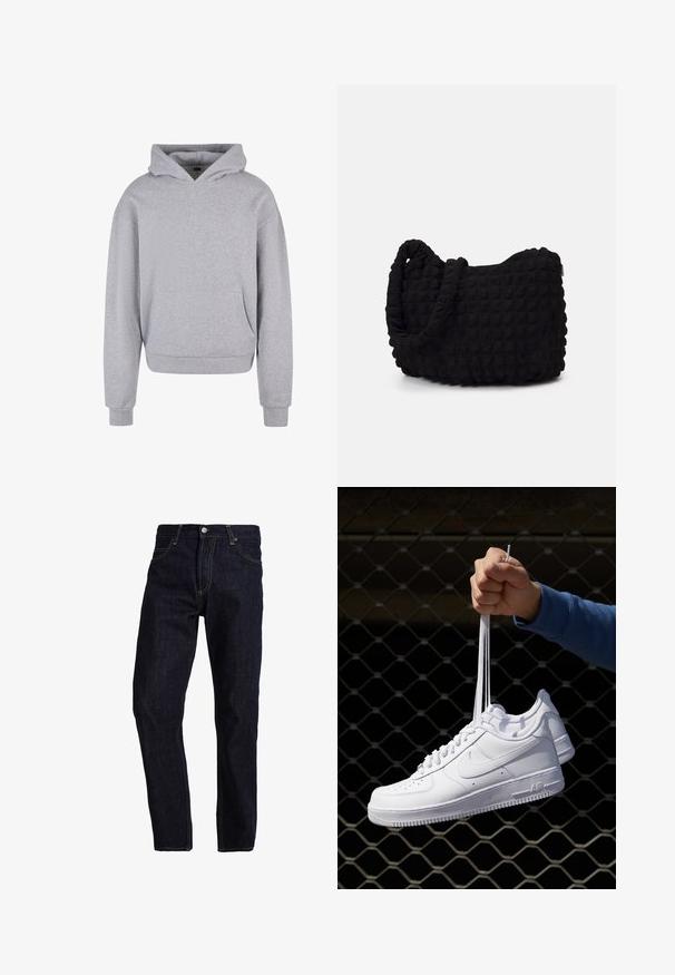Sivi pamučni dukserica s prednjim džepom, kapuljačom na vezanje te rebrastim manžetama i rubom. Ima mekan, teksturiran završetak.; Tamno plave traperice ravnog kroja, s žutim šavovima, pet džepova, te klasičnim zatvaranjem na dugme i patentni zatvarač.; Bijele kožne tenisice s perforacijama, okruglim vrhom, ravnim potplatom i debelim vezicama, s vidljivim swoosh logom i natpisom "AIR" na peti.; Crna platnena torba s teksturiranim, kviltanim uzorkom. Okrugli oblik, kratke, debele ručke i meka, fleksibilna struktura.