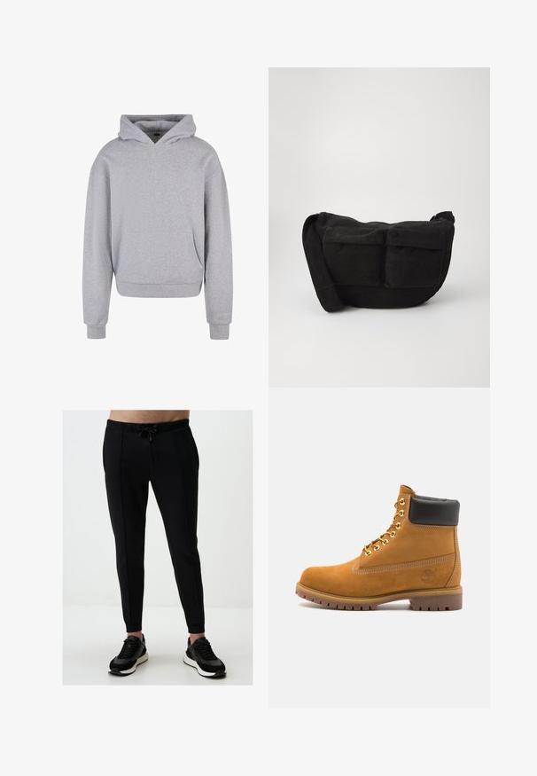 Grauer Baumwoll-Hoodie mit einer Vorderjacke, einer Kapuze mit Zugband und gerippten Bündchen sowie Saum. Verfügt über eine weiche, strukturierte Oberfläche.; Schwarze Jogginghosen mit einem Kordelzugbund, Seitentaschen, tailliertem Design und gerippten Bündchen, kombiniert mit schwarzen Sneakers.; Beige Wildleder-Ankle-Boot mit schwarzem gepolstertem Kragen, goldenen Metallösen, weißen Nähdetalben und einer robusten Gummisohle mit ausgeprägtem Profil.; Schwarze Cordtasche mit verstellbarem Schultergurt, ausgestattet mit Vordertaschen und einer weichen Textur. Kompaktes Design mit minimaler Gestaltung.