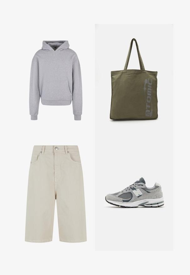 Grijze katoenen hoodie met een voorzak, een capuchon met trekkoord en ribgebreide manchetten en zoom. Heeft een zachte, gestructureerde afwerking.; Beige denim shorts met een rechte snit, een sluiting met een knop aan de voorkant en vier zakken. De stof heeft een gladde textuur en minimale stikseldetails.; Grijze sneaker van mesh en suede materialenen, met een wit logo, gevoerde kraag en een geribbeld rubberen zool. Accentkleuren in donkerder grijs.; Olijfgroen canvas tote bag met logo-afdruk, dubbele handvatten, vierkante vorm, zichtbare stiksels en geen extra patronen of accenten.