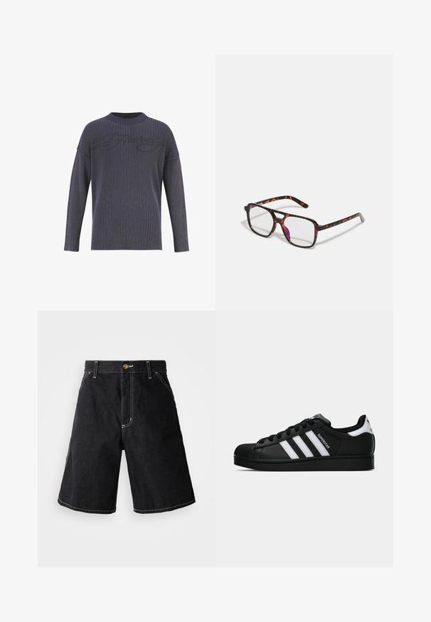 Tmavě šedý pletený svetr s ribbovanou texturou, širokým kulatým výstřihem a spadenými rameny. Na přední straně se nachází jemný vzor loga.; Košile s krátkým rukávem v černobéžové kostkované bavlně, vybavená límcem s knoflíkem a kapsou na levé straně hrudi. Klasický kostkovaný vzor po celé ploše.; Černé džíny šortky s volnějším střihem, pěti kapsami a kontrastním bílým prošitím. Zapínání na knoflík v pase.; Černé tenisky Adidas Superstar se bílými pruhy, špičkou ve tvaru skořápky a textem "Superstar" na boku, zobrazené v bočním profilu na bílém pozadí.; Brýlové obruby s želvovinovým vzorem a obdélníkovými čočkami, černé a oranžové rámy, s lesklým povrchem a štíhlými nožičkami.