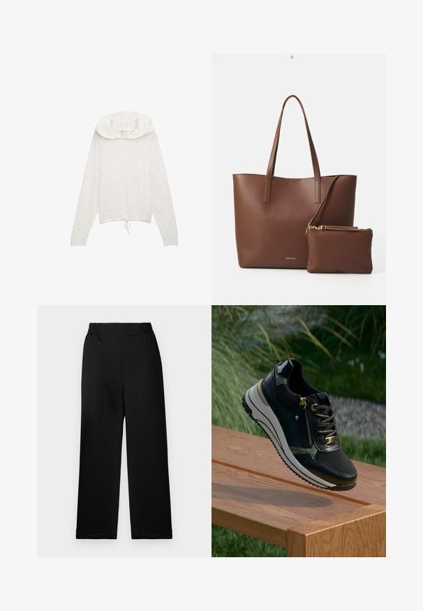 Witte lange mouwen hoodie met een trekkoord aan de onderkant, gemaakt van een zachte, gestructureerde stof en met een ronde, gelaagde capuchonontwerp.; Zwarte plissé brede broek met een elastische tailleband. Het materiaal heeft een gestructureerde afwerking. Geen zichtbare hardware of patronen.; Zwarte leren sneakers met gouden accenten, een gestructureerde afwerking, een zijrits en een dikke witte zool. Ontworpen voor comfort en stijl.; Bruine neplederen schoudertas met twee lange handvatten en een bijpassend klein pouch. Het oppervlak heeft een gestructureerd patroon en gouden hardware accenten.