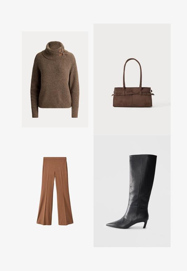 Suéter marrón de punto con un cuello alto y acanalado. Presenta dos detalles de tiras marrones en el collar y un acabado suave y texturizado.; Pantalones anchos marrones con una textura suave, que presentan una cintura alta, dos pliegues en la parte delantera y un corte recto hasta el dobladillo.; Bota negra de cuero hasta la rodilla con puntera afilada, diseño estructurado y un tacón modesto. Textura lisa, detalles de costura mínimos.; Bolso de ante marrón con dos asas resistentes, forma rectangular y un detalle decorativo en forma de correa en la parte frontal.