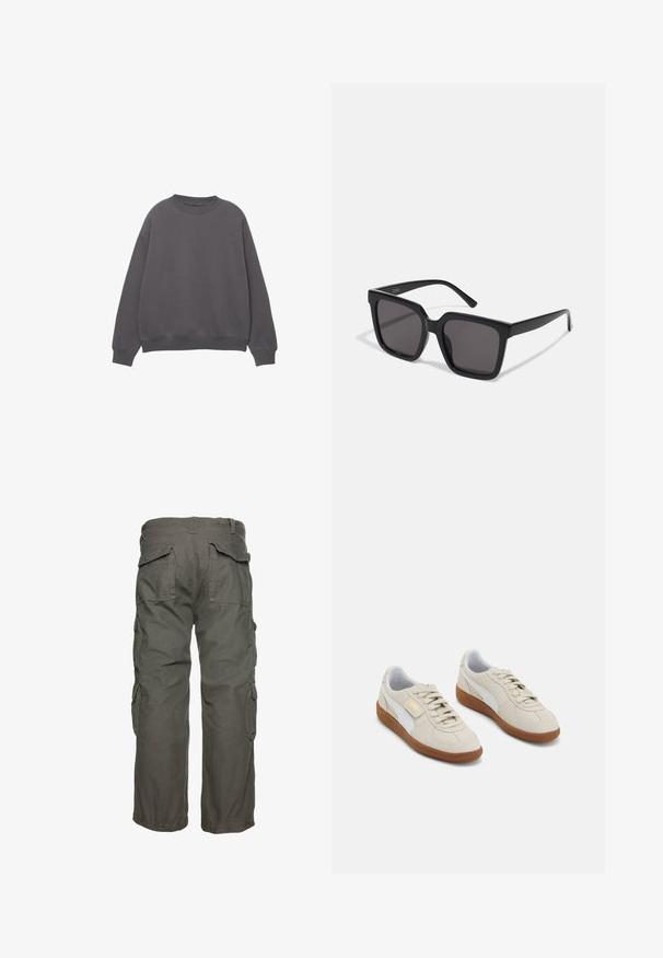 Donkergrijze sweatshirt met ronde hals, lange mouwen en geribde cuffs en zoom, weergegeven op een witte achtergrond.; Olijfgroene cargobroek, voorzien van meerdere zijzakken, een relaxte pasvorm en verstelbare manchetten voor een goede pasvorm. Duurzaam katoenstof.; Beige suède sneakers met witte leren accenten en bruine rubberen zolen. Voorzien van een ronde neus, veters en een gouden logo aan de zijkant.; Zwarte vierkante montuur zonnebril met donkergetinte lenzen en een gladde, glanzende kunststof materiaal. De pootjes hebben een eenvoudig, langwerpig ontwerp.