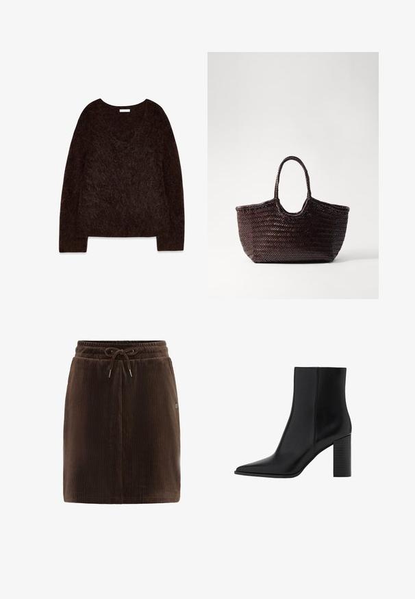 Brown knit pullover with a v-neck, long sleeves, and a soft, fuzzy texture. The design is oversized with a relaxed fit and minimal detailing.; Brown corduroy skirt with an elastic waistband and drawstring closure. Features vertical ribbed texture and a small metal logo accent.; Black leather ankle boot with a pointed toe, square heel, smooth texture, and stitching details along the seams. Heels measure approximately 3.5 inches.; Woven brown tote bag with a rounded top and two handles. Features a textured pattern with a wide, open structure for easy access.