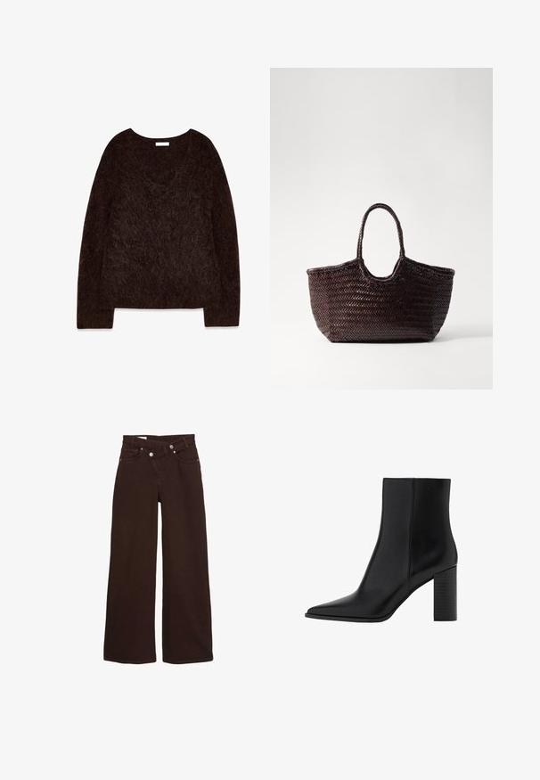 Brun stickad tröja med V-ringning, långa ärmar och en mjuk, fluffig textur. Designen är oversized med en avslappnad passform och minimal detaljering.; Bruna vida byxor med hög midja, framdragkedja och knappstängning, med fram- och bakfickor.; Svart läderankelboot med spetsig tå, fyrkantig klack, slät yta och sömnadsdetaljer längs sömmarna. Klacken mäter cirka 8,9 cm.; Vävd brun tote-väska med rundad topp och två handtag. Har ett strukturerat mönster med en bred, öppen konstruktion för enkelt åtkom.