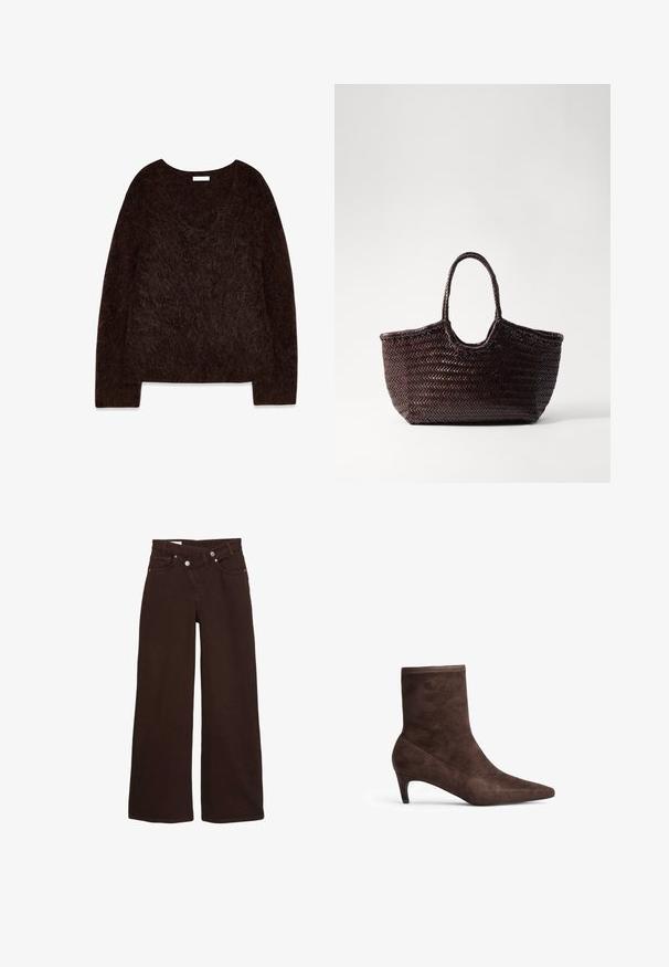 Ruskea neulospusero, jossa on V-pääntie, pitkät hihat ja pehmeä, pörröinen rakenne. Suunnittelu on ylisuuri, rento istuvuus ja minimaalinen yksityiskohtaisuus.; Ruske leve hlače z visokim pasom, sprednjim zadrgo in gumbom, z sprednjimi in zadnjimi žepi.; Ruske nubuk ankelstøvler med spids tå og slank hæl. Har en glat overflade og et højt skaftdesign.; Kudottu ruskea kantokassi pyöreällä ylhäällä ja kahdella kahvalla. Siinä on teksturoitu kuviopinta, ja se tarjoaa laajan, avoimen rakenteen helppoa pääsyä varten.