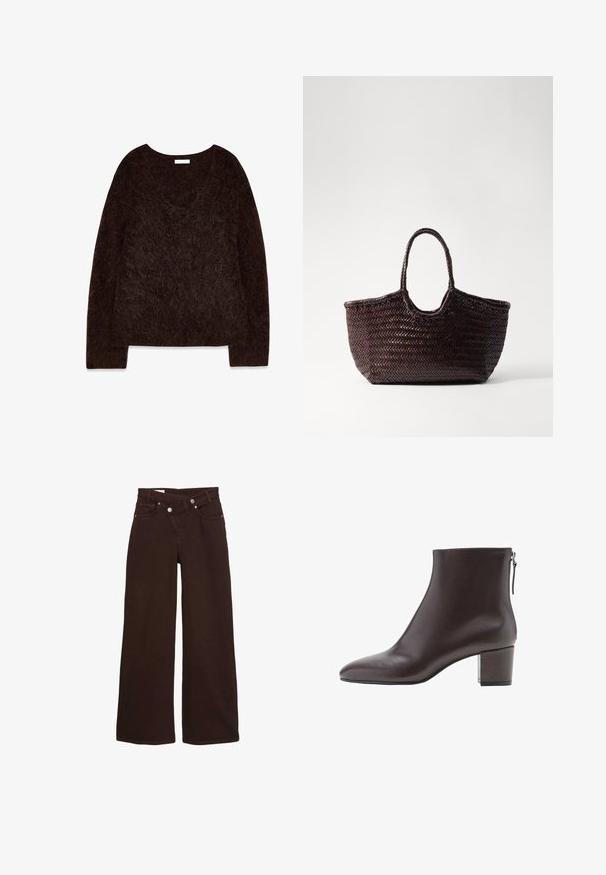 Bruine gebreide pullover met een V-hals, lange mouwen en een zachte, pluizige textuur. Het ontwerp is oversized met een ontspannen pasvorm en minimale details.; Bruine wijde jeans met hoge taille, rits aan de voorkant en knoopsluiting, met voor- en achterzakken.; Donkerbruine leren enkellaars met een blokhak en een rits aan de achterkant, weergegeven in profiel op een witte achtergrond.; Geweven bruin tote bag met een afgeronde bovenkant en twee handvatten. Heeft een gestructureerd patroon met een brede, open constructie voor gemakkelijke toegang.