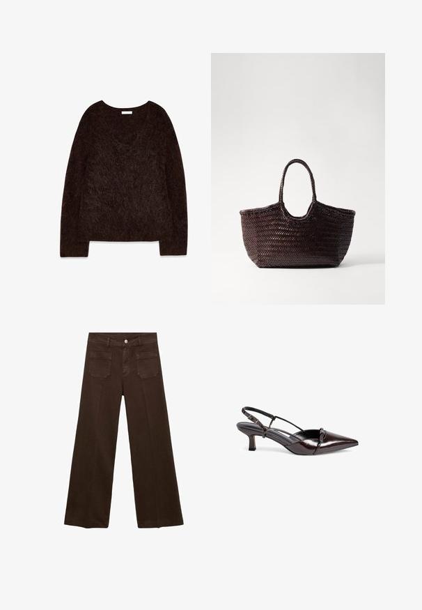 Ruskea neulospusero, jossa on V-pääntie, pitkät hihat ja pehmeä, pörröinen rakenne. Suunnittelu on ylisuuri, rento istuvuus ja minimaalinen yksityiskohtaisuus.; Ruske leve široke kavbojke iz denima, z visokim pasom, dvema zadnjima žepoma in sprednjim gumbom. Gladka tekstura, ravna oblika.; Bruna kiiltävästä nahasta valmistetut slingback-korkokengät, joissa on terävä kärki, pieni loiva korko, ristiin menevä strap-muotoilu ja koristeellinen sulkki etuosassa.; Kudottu ruskea kantokassi pyöreällä ylhäällä ja kahdella kahvalla. Siinä on teksturoitu kuviopinta, ja se tarjoaa laajan, avoimen rakenteen helppoa pääsyä varten.