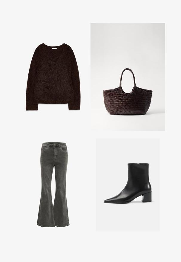 Brun strikket pullover med v-hals, lange ærmer og en blød, fuzzy tekstur. Designet er oversized med en afslappet pasform og minimal dekoration.; Kaffe KASINEM - Flared jeans - medium grey denim; Sort læder ankelstøvle med spidse tæer, glat tekstur og mellemhøj blokhæl. Minimalistisk design, lynlås lukning bagpå.; Vævet brun tote taske med en afrundet top og to håndtag. Har et struktureret mønster med en bred, åben struktur for nem adgang.