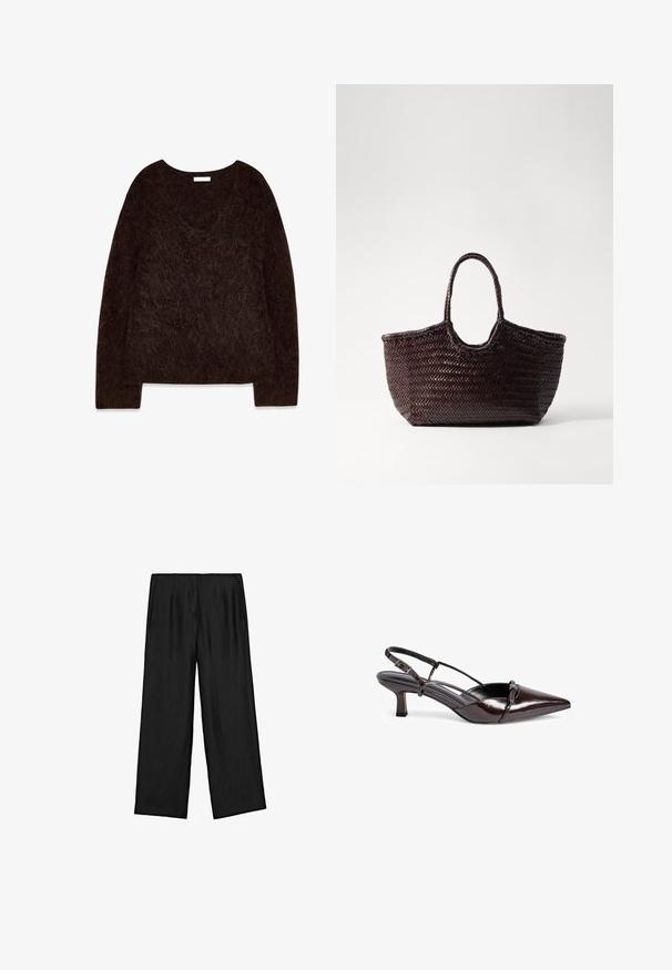 Bruine gebreide pullover met een V-hals, lange mouwen en een zachte, pluizige textuur. Het ontwerp is oversized met een ontspannen pasvorm en minimale details.; Zwarte wijde broek met een gestructureerde stof, met een hoge taille en plooien. Het ontwerp is eenvoudig en onversierd.; Bruine gepatineerde leren slingback pump met een spitse neus, kleine blokhak, kruisbandontwerp en decoratieve strikdetail aan de voorkant.; Geweven bruin tote bag met een afgeronde bovenkant en twee handvatten. Heeft een gestructureerd patroon met een brede, open constructie voor gemakkelijke toegang.