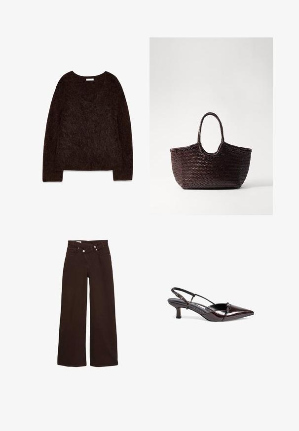Rjavi pleteni pulover z V-izrezom, dolgimi rokavi in mehkobo, puhasto teksturo. Oblikovanje je preveliko z sproščenim fitom in minimalnimi detajli.; Rjave široke traperice z visokim pasom, sprednjim zadrgo in gumbom za zapiranje, ki imajo sprednja in zadnja žepka.; Rjavi patent usnjeni slingback čevelj s koničastim nosom, majhnim blokom peto, obliko čezščevljenka in okrasno pentljo na sprednjem delu.; Tkanina rjava torba z okroglo zgornjo stranjo in dvema ročajema. Ima teksturiran vzorec z široko odprto strukturo za enostaven dostop.