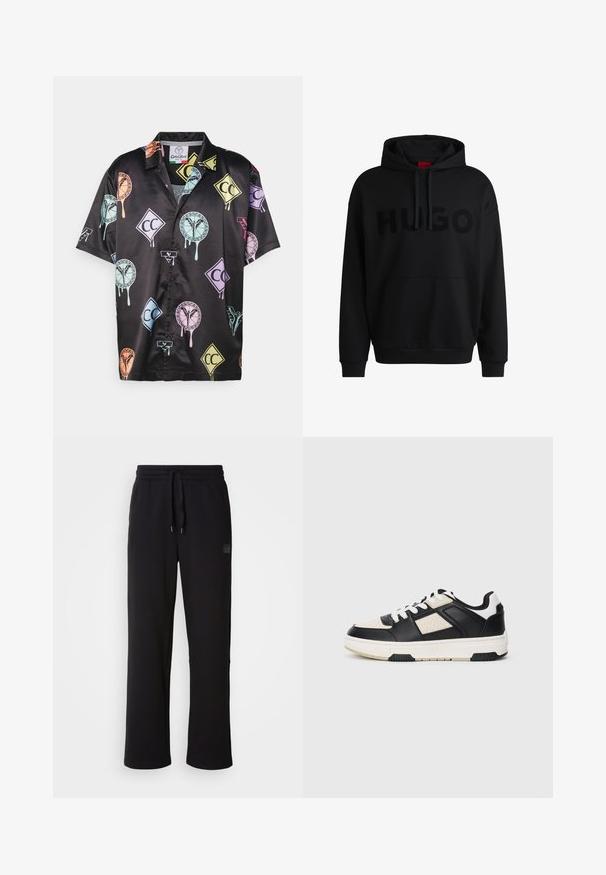 Czarna bluza z kapturem wykonana z bawełny, z regulowanym sznurkiem, z dużym tonowym logo "HUGO" z przodu oraz kieszenią kangurką.; Czarna koszula z krótkim rękawem wykonana z satyny, zdobiona kolorowymi grafikami, w tym kształtami i logo w pastelowych odcieniach. Zapięcie na guziki z przodu.; Czarne dresy wykonane z miękkiej tkaniny, z elastycznym paskiem na sznurku, prostymi nogawkami oraz dyskretnym logo marki na boku.; Czarno-kremowe sneakersy z teksturowaną skórzaną cholewką, okrągłym noskiem, białymi sznurowadłami oraz masywną białą podeszwą z czarnymi akcentami.
