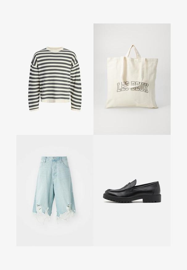 Gestreifter Pullover in Creme und Dunkelgrau, mit einem gerippten Rundhalsausschnitt, langen Ärmeln und einem lockeren Schnitt mit einem verkürzten Saum.; Hellblaue Jeansshorts mit hoher Taille, die abgeriebene Stellen und ausgefranste Säume aufweisen. Ausgestattet mit fünf Taschen und einem klassischen Knopfverschluss.; Schwarze Lederloafers mit runder Zehenform, eleganter Schlupfdesign und dicker Gummisohle mit strukturiertem Griff. Erhöhter Absatz und dezente Nähdetails.; Leinene Tragetasche in Off-White, mit kurzen Henkel und dem aufgedruckten Text "LES DEUX" in fetten schwarzen Buchstaben. Strapazfähiges, schlichtes Design.