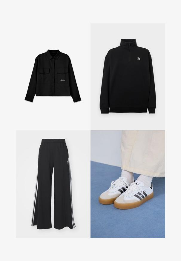 Felpa nera con mezza cerniera realizzata in tessuto morbido, caratterizzata da collo alto, polsini a costine e un piccolo logo Adidas bianco sul petto.; Maglietta nera crop con colletto a punta, doppie tasche sul petto, chiusura con bottoni e logo ricamato sul lato sinistro. Tessuto dalla texture liscia.; Pantaloni in felpa neri a gamba larga con vita elastica, dotati di strisce bianche sui lati e un logo ricamato sulla coscia sinistra.; Sneakers bianche con strisce nere e accenti in suede beige. Presentano una suola in gomma texturizzata e lacci bianchi piatti, indossate con calzini di colore chiaro.