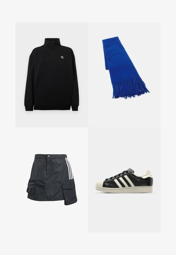 Fekete negyedcipzáras pulóver puha anyagból, magas gallérral, bordázott mandzsettákkal és a mellkason egy kis fehér Adidas logóval.; Fekete, könnyű nejlon szoknya, elöl gombos záródással, oldalsó zsebekkel és fehér csíkos díszítéssel az oldalán.; Fekete bőrsneaker fehér csíkokkal, gumírozott orral, fekete fűzővel és krém színű talppal. Simaság és fényes felület jellemzi.; Kék szőtt sál, bojtós végekkel, sima textúrával, téglalap alakú, és egyenletes színnel. Hideg időjárásra alkalmas.
