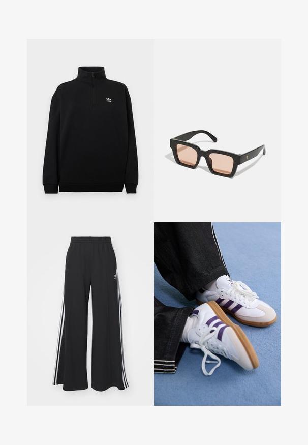 Sweatshirt preta com fecho de meio zíper, feita de tecido macio, apresentando uma gola alta, punhos canelados e um pequeno logótipo branco da Adidas no peito.; Calças de suor largas e pretas com uma cintura elástica, apresentando riscas brancas nas laterais e um logótipo bordado na coxa esquerda.; Tênis brancos de desporto com riscas roxas e solas de borracha castanha, apresentando atacadores redondos e um colarinho acolchoado. Usados com calças de ganga escuras.; Óculos de sol de plástico preto com armações retangulares e lentes tingidas de rosa claro. Apresentam um logotipo em destaque na lateral.