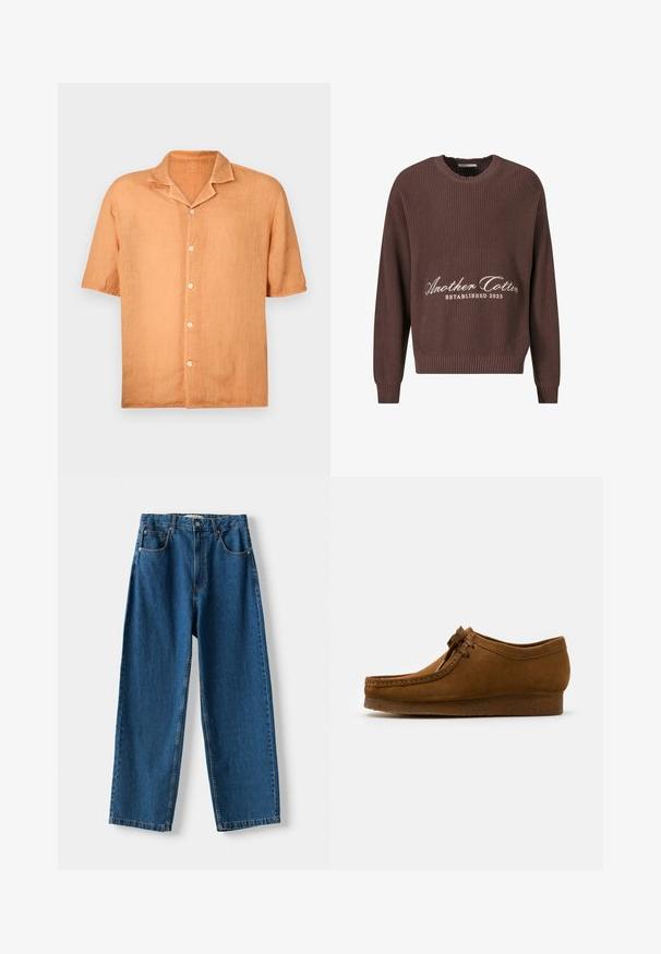 Barna bordás kötött pulóver kerek nyakkivágással. Az elején fehér "Another Cotton Established 2023" felirat található, bordás mandzsettákkal.; Rövid ujjú, gombos ing világos narancssárga lenvászonból, kivágott gallérral és öt gombbal elöl. Sima textúra, laza dizájn.; Kék farmer, derékig érő, egyenes szárú farmernadrág, gombos és cipzáras záródással, öt zsebbel és kontrasztos varrással.; Barna velúrbőr cipő, kerek orral és alacsony sarokkal, részletes varrással az illesztések mentén, és fűzős elülső résszel. Puha tapintású, letisztult dizájnnal.
