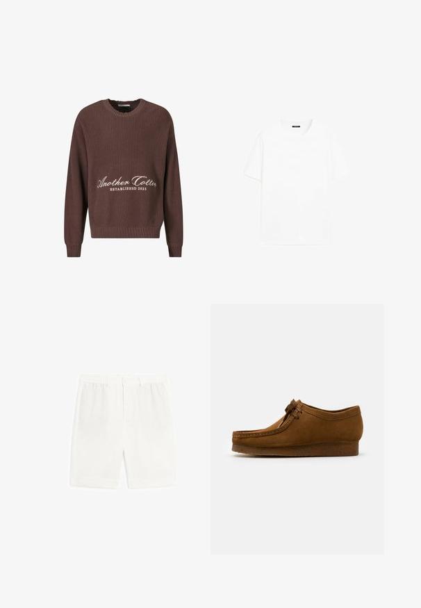 Maglione a coste marrone con scollatura a girocollo. Presenta la scritta bianca "Another Cotton Established 2023" sul davanti e polsini a coste.; T-shirt bianco in cotone con maniche corte, scollatura tonda e linea dritta. Texture liscia senza motivi o dettagli visibili.; Shorts bianchi su misura con frontale piatto, cinturino con elastico e senza tasche. Realizzati in tessuto leggero, presentano una consistenza liscia.; Scarpa in suede marrone con punta rotonda e tacco basso, cuciture dettagliate lungo le cuciture e chiusura con lacci. Texture morbida con design snodato.