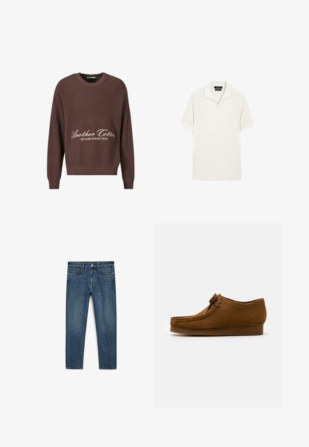 Bruine geribbelde gebreide trui met een ronde halslijn. Bevat witte tekst "Another Cotton Established 2023" aan de voorkant en geribbelde mouwuiteinden.; Korte mouwen polo shirt in crème met geribbelde structuur en een vlakke kraag. Heeft een rechte zoom en een zachte stof voor comfort.; Blauwe spijkerbroek met een recht model, voorzien van frontzakken en een rits. De stof heeft een gemiddelde wassing met subtiele vervaging.; Bruine suède schoen met een ronde neus en een lage hak, gedetailleerde stiksels langs de naden en een vetersluiting aan de voorkant. Zachte textuur met een gestroomlijnd ontwerp.
