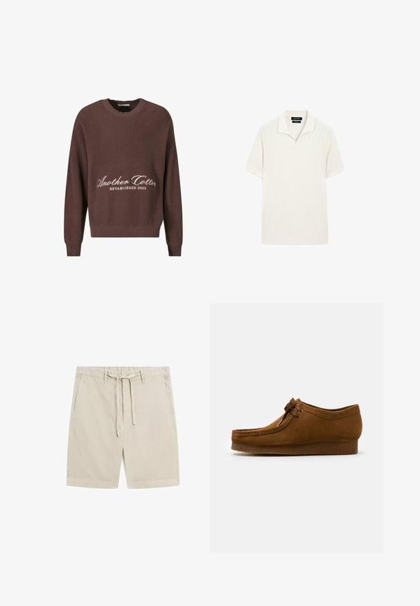 Maglione a coste marrone con scollatura a girocollo. Presenta la scritta bianca "Another Cotton Established 2023" sul davanti e polsini a coste.; Polo a maniche corte in crema con texture a costine e colletto piatto. Presenta un orlo dritto e un materiale morbido per il comfort.; Bermuda beige realizzati in tessuto leggero. Presentano una vita elasticizzata con cordino, due tasche frontali e un design a gamba dritta.; Scarpa in suede marrone con punta rotonda e tacco basso, cuciture dettagliate lungo le cuciture e chiusura con lacci. Texture morbida con design snodato.