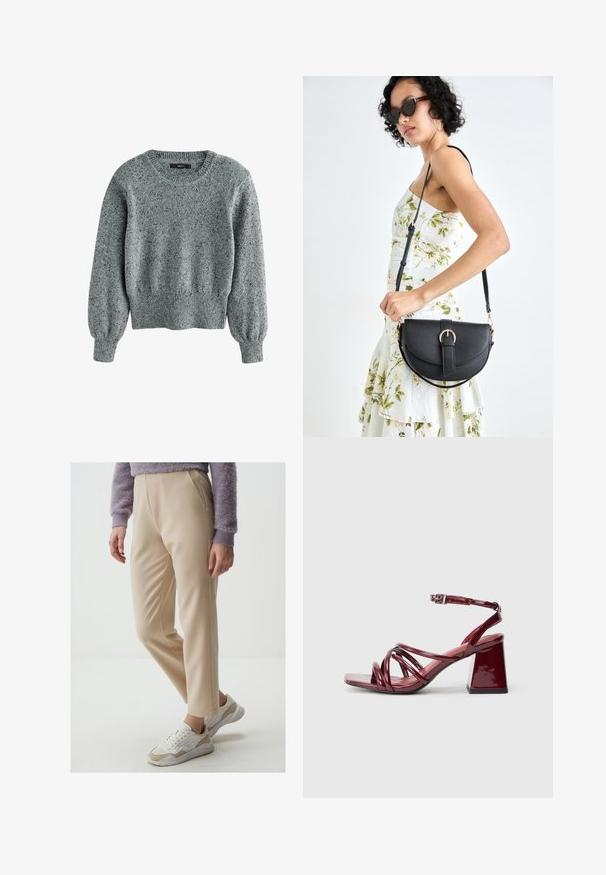 Gray knitted sweater with a round neckline, ribbed cuffs, and hem. The fabric has a speckled texture and a slightly cropped fit.; Beige tailored trousers with a smooth texture, featuring front pleats and a slim fit. Paired with white and beige sneakers.; Patent burgundy heeled sandals with a square toe, featuring multiple intertwined straps and a chunky block heel. Adjustable ankle strap.; Black leather handbag with a curved shape, detachable strap, and gold hardware. The bag features a flap with a buckle detail.