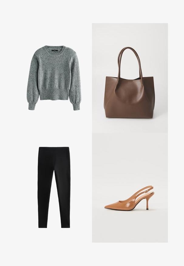 Pulover gri tricotat cu decolteu rotund, manșete și tiv cu nervuri. Materialul are o textură punctată și o croială ușor scurtă.; Colanți negri dintr-un material elastic, cu un design ajustat, fără cusături vizibile sau buzunare, potriviți pentru diverse activități.; Pantofii cu toc slingback, cu vârful ascuțit, dintr-un material tan neted și strălucitor. Prezintă un design cu decupaj curbat și un toc subțire stil stiletto. Detaliu cu cataramă argintie.; Geantă tote din piele maro, cu două mânere lungi, formă structurată, textură netedă și design minimal. Fără elemente sau accente vizibile.