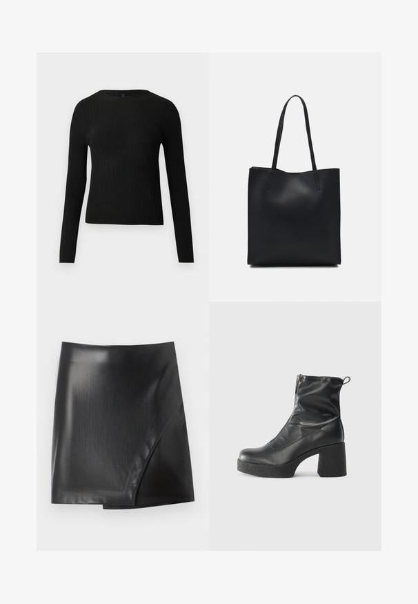 Pulover negru cu mâncă lungă, cu textură ribbed, cu decolteu rotund, expus pe un fundal deschis și simplu.; Fustă mini din piele ecologică neagră, cu un finisaj elegant și lucios, având un design diagonal de învăluire și margini curate. Textură netedă pe întreaga suprafață.; Bocanci negri de glezna din piele netedă, cu fermoar lateral, toc texturat și masiv, și design cu vârf rotund.; Geantă tote neagră din piele, cu textură netedă, formă rectangulară și două mânere lungi. Fără hardware vizibil sau ornamente.